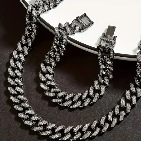 2Pcs Men Iced Out Gun Black Rhodium Plated CZ Cuban Link 55CM Necklace & Bracelet Set